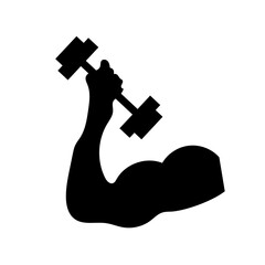 Upper arm biceps and dumbbell silhouette icon. strength training. vector.