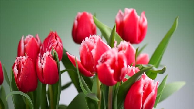Tulips flowers bunch. Blooming red tulip flower on green background, closeup. Holiday gift, bouquet, buds. Beautiful spring flowers rotating. Valentine's Day gift, birthday gift concept, flowers