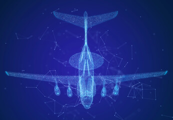 Military force AWACS jet airplane. Glowing neon particles and blue lights formation of 3d model airplane