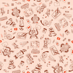 Brown, off-white and red sketchy but Cute Office Robots on a fabric look background