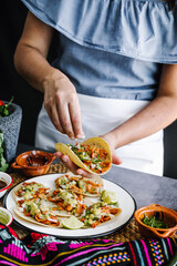 Mexican woman hands preparing tacos al pastor and eating traditional mexican food in Mexico Latin America, hispanic people