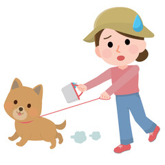 犬と散歩をする女性　リードを引っ張る犬　イラスト
