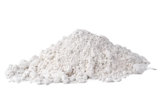 A pile of dry white clay used in cosmetics isolated on transparent background.