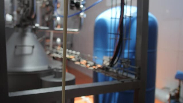 Milk pasteurizer machine pours fresh milk into container