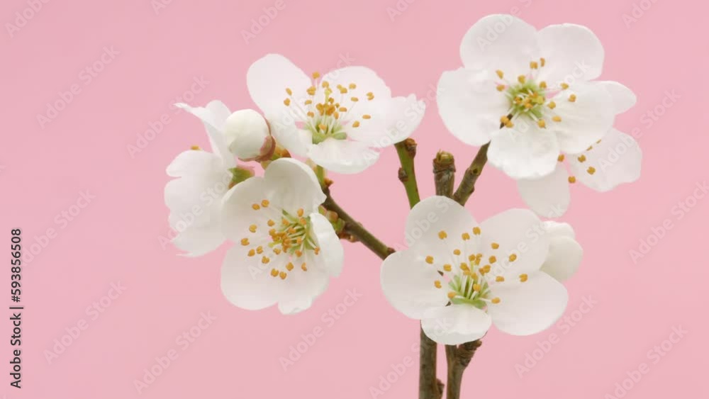 Sticker Spring flowers opening over pink background, time lapse. Beautiful Spring Apricot tree blossom timelapse, close up. Easter fresh pink blossoming apricot, cherry closeup. Blooming backdrop. 