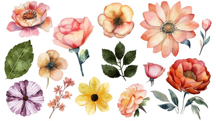 Set of floral elements. Watercolor Flower and leaves clipart.