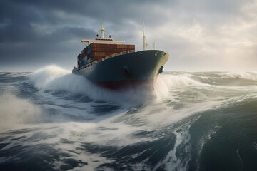 Cargo ship in the open sea, stormy weather and braking waves. Ai generated illustration.