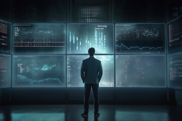 Businessman looking on stock charts at digital displays, rear view. Photorealistic generative art