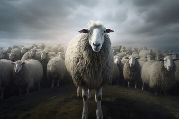 Obraz premium Portrait of a sheep in the middle of herd, dramatic photorealistic illustration generated by Ai