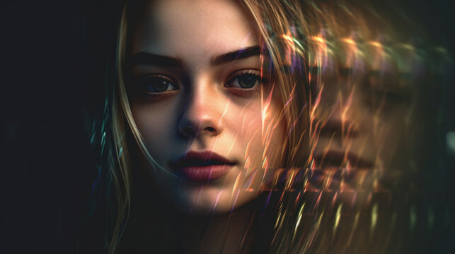 Portrait of beautiful girl and modern glitch effect. Photorealistic generative art