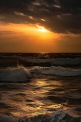 Amazing beach sunset with an endless horizon and lonely figures in the distance, incredible foaming waves. Vertical photo. Generative ai