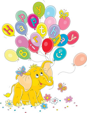 Birthday card with a happy baby elephant holding colorful balloons among flowers and merry butterflies, vector cartoon illustration on a white background