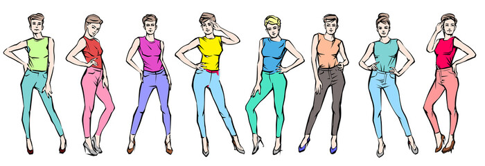 Colorful Line Drawing Illustration of Young woman In Smart Casual Wear