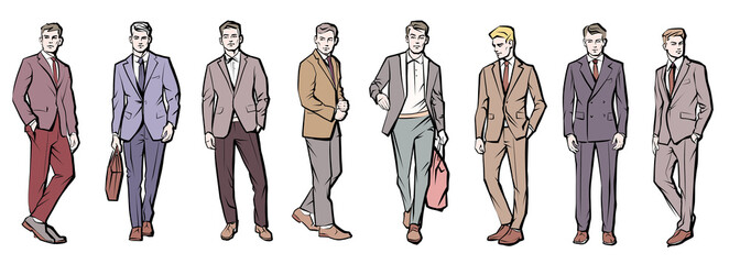 Colorful Line Drawing Illustration of Handsome Young Man In Smart Casual Wear