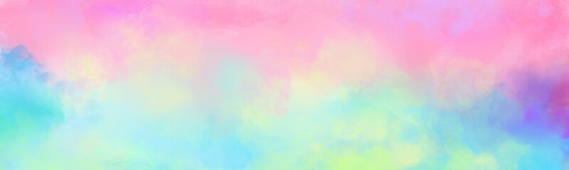 Fototapeta na wymiar Colorful watercolor background of abstract sunset sky with puffy clouds in bright rainbow colors of pink green blue yellow and purple. Abstract painting banner for web and composition