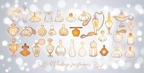 Collection of doodle vintage perfume bottles on white glowing background. Vector sketch illustration