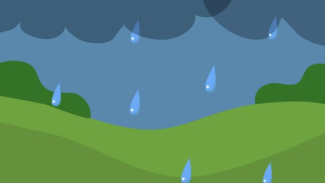 Kids cartoon animation of a rainy day or raindrops dripping from the sky and clouds on the background of nature. Weather 