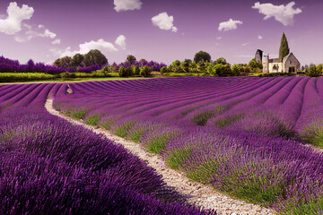 Plakat Purple lavender fields in bloom with a stone church in background, generative ai