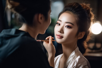 Makeup Artist creates a stunning look on a model, captured in a high-quality photograph showcasing her skill and attention to detail. generative AI