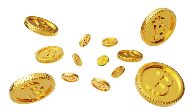 Bitcoin Scattered Gold Coins Falling 3d Coin Clear background PNG, Cryptocurrencies explosion, Golden bitcoins, Golden Bitcoin floating 3d illustration Clear background.