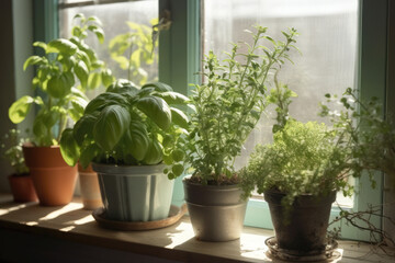 Windowsill with several pots of herbs lined up on it. Created using generative Al tools