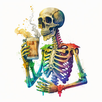 Skeleton drinking beer. Bright watercolor pattern..