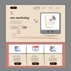 Sms marketing flat landing page website template. Article writing, web banner, website. Web banner with header, content and footer. Vector illustration.