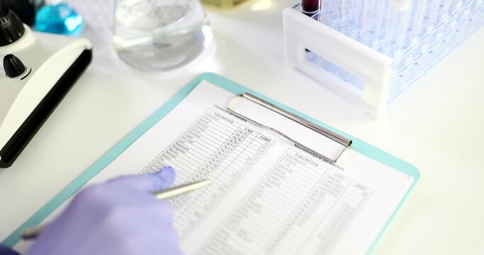 Chemist researcher records chemical parameters of liquid in paper. Analysis of toxic liquids