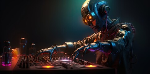 Fototapeta na wymiar A robot DJ spinning records in a nightclub. Generative AI 