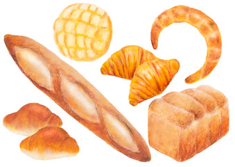 焼き立て　いろいろなパン　パステル手描き