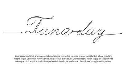 One continuous line of tuna day. Abstract lettering logo. Minimalist style vector illustration on white background.
