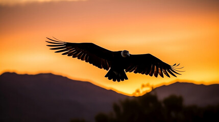 Fototapeta na wymiar A condor flying in the sky, sunset in background