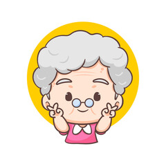 Cute Grandmother cartoon character showing peace finger sign heart. People Concept design. Flat adorable chibi vector illustration. Isolated white background