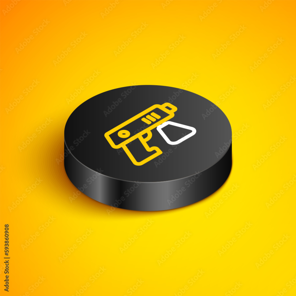 Sticker isometric line paint spray gun icon isolated on yellow background. black circle button. vector