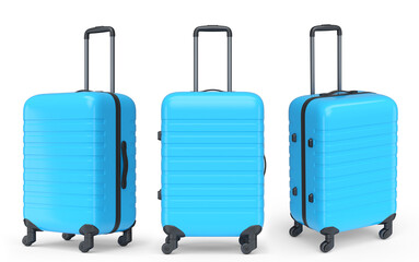 Set of luggage with beach accessories for summer holidays on white background.