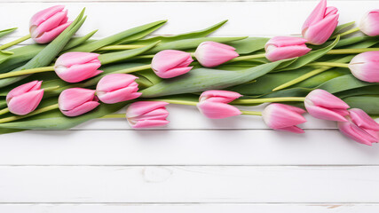 Fototapeta premium Pink and yellow tulips flowers Border surrounding on a light white Wooden Tabletop, Highlighting the Soft and Selective Elements of Flower Border Art. Generative ai