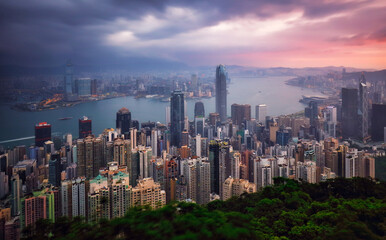 Obraz premium Dramatic sunrise of Hong Kong, China - panorama skyline
