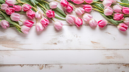 Pink and yellow tulips flowers Border surrounding on a light white Wooden Tabletop, Highlighting the Soft and Selective Elements of Flower Border Art. Generative ai