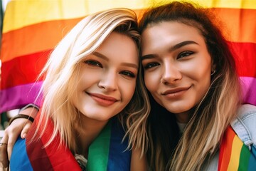 Gay women lesbian couple with LGBT rainbow flag. LGBT Pride Month celebration generative ai