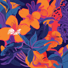 Bold Floral Art: A Tropical Symmetry in Violet and Orange
