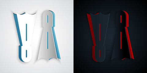 Paper cut Rubber flippers for swimming icon isolated on grey and black background. Diving equipment. Extreme sport. Diving underwater equipment. Paper art style. Vector © vector_v