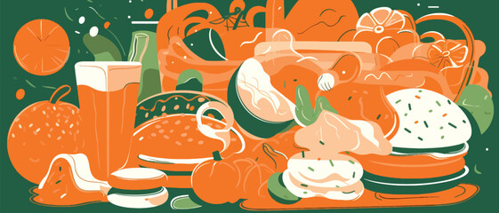 Rainy Day Feasting: Colorful Vector Drawings of Food in White and Orange