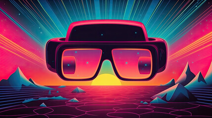80s Retro Sci-Fi Background with VR Headset in center with Generative AI Technology