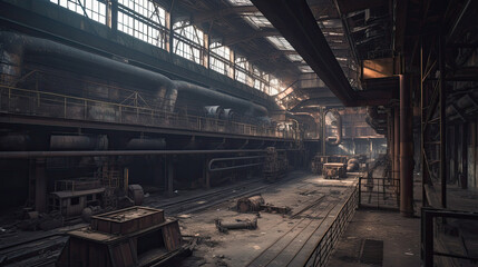 Fototapeta premium Abandoned metallurgical factory interior and building demolition with Generative AI Technology