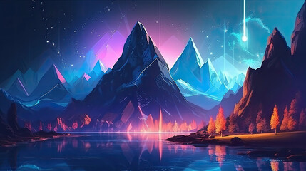 beautiful sci-fi mountain and river landscape with neon light with Generative AI Technology