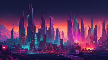 Cyberpunk Futuristic City panorama Future Fiction background with Generative AI Technology