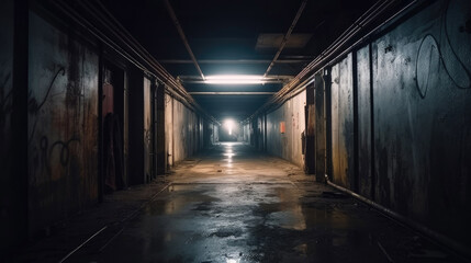 Naklejka na ściany i meble Dark dirty corridor in abandoned industrial factory with Generative AI Technology