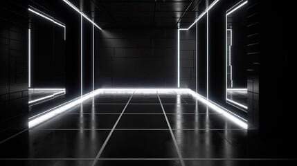 Fototapeta na wymiar Dark studio with bright white neon lights with Generative AI Technology