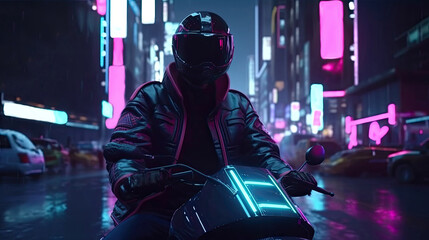 Fototapeta na wymiar Cyberpunk Synthwave Motorcycle Rider in the City illustration with Generative AI Technology