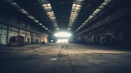 Large abandoned empty and dirty rusty iron hangar with Generative AI Technology